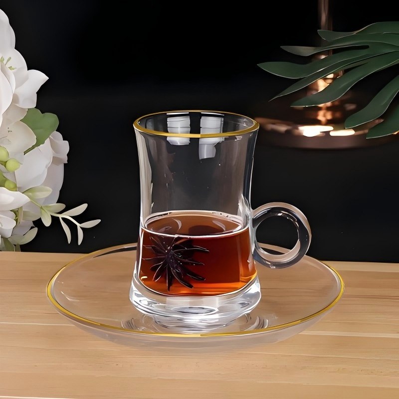 Γυάλινο φλιτζάνι τσαγιού με λαβή vintage με στάμπα